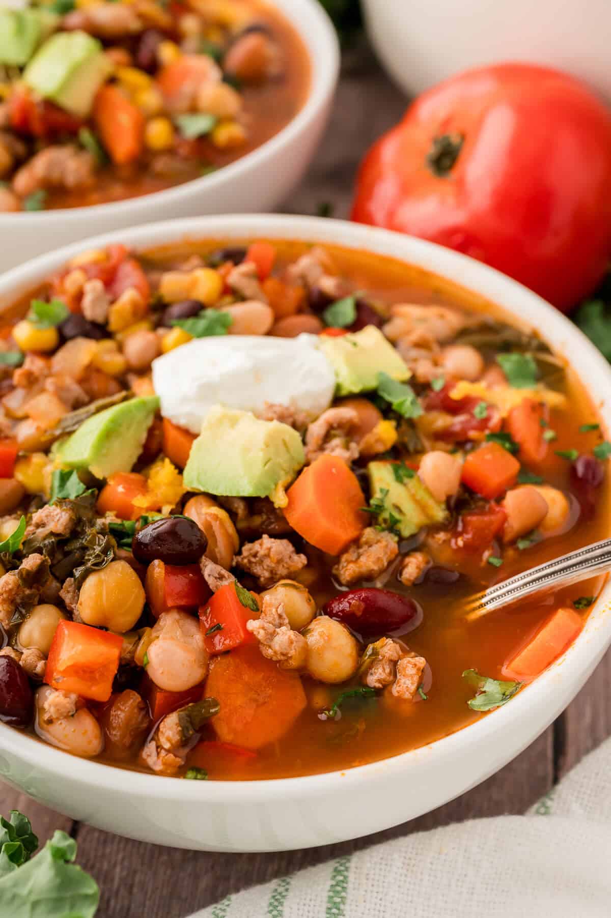 A bowl of southwestern turkey 5 bean chili.