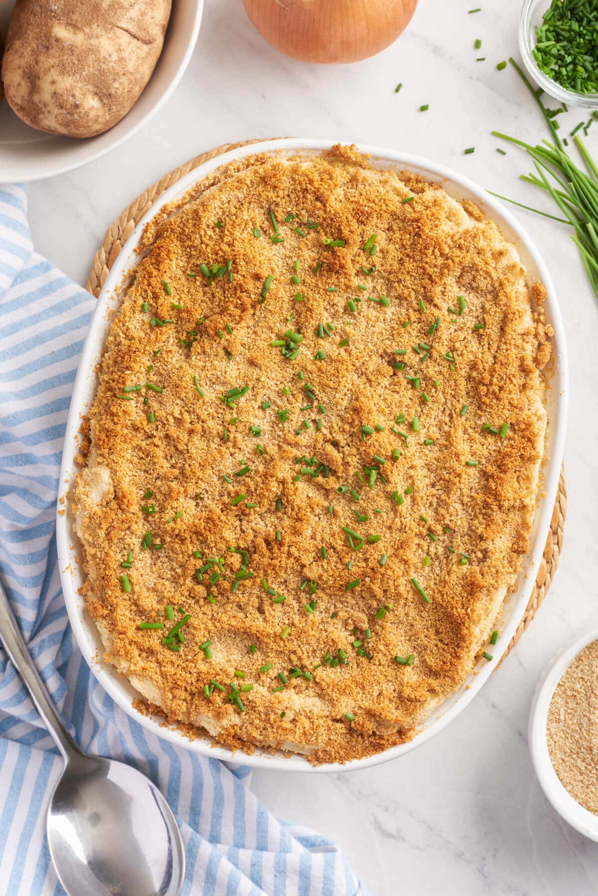 Swedish potatoes in a casserole dish.