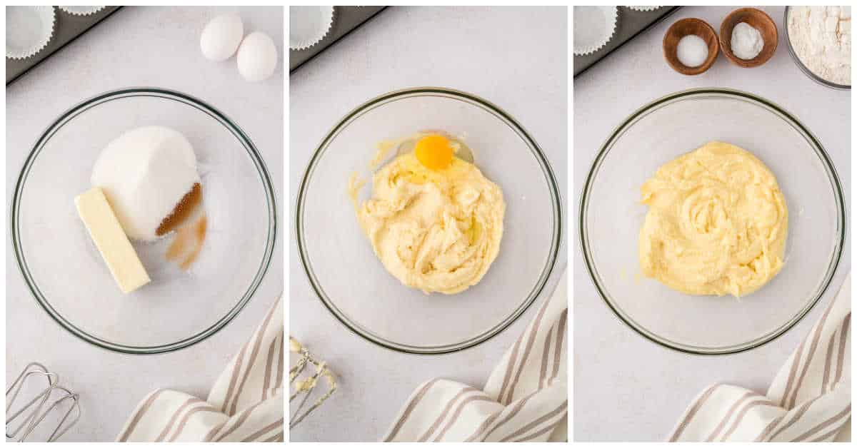 Collage of mixing the batter in a bowl.