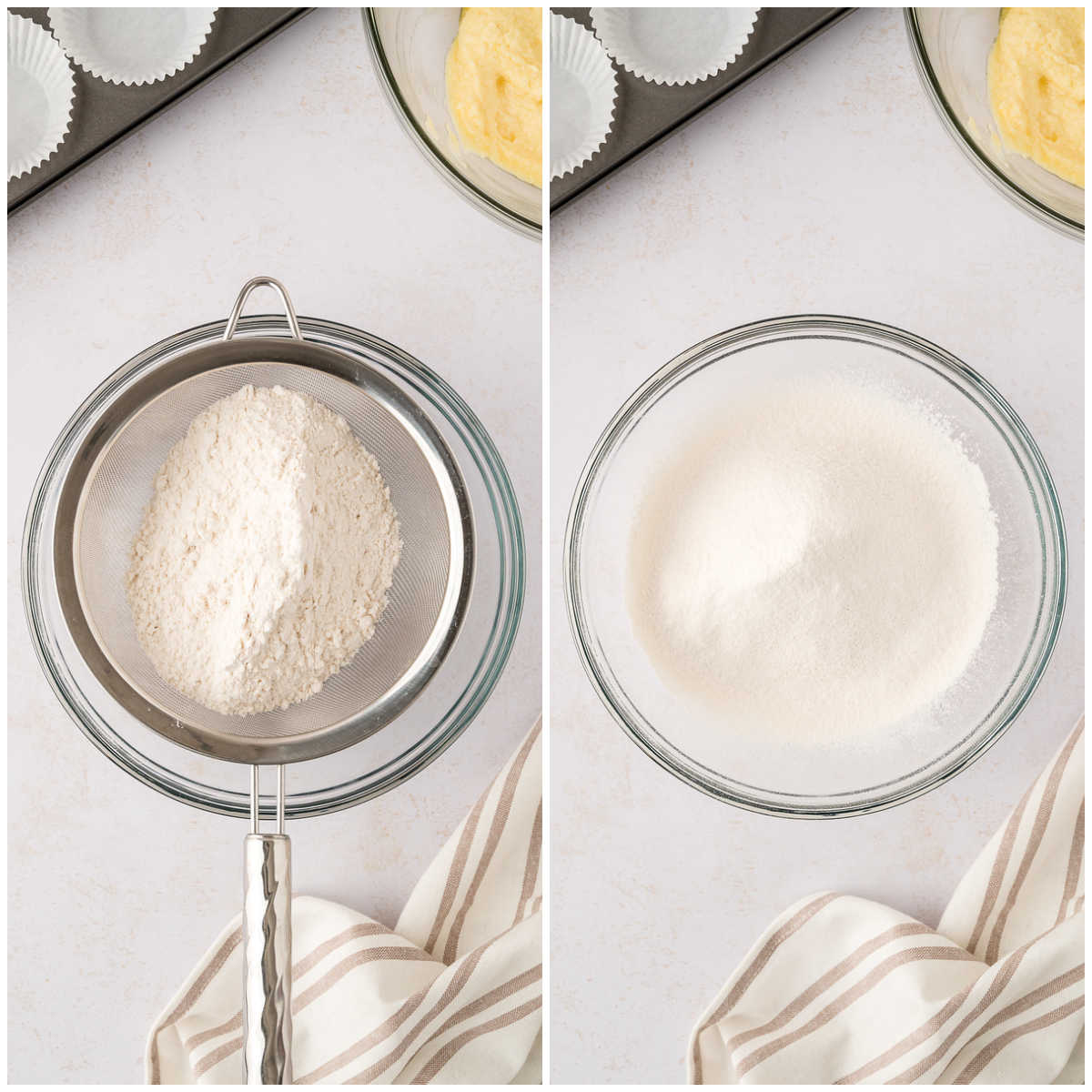 Collage of sifting the dry ingredients.