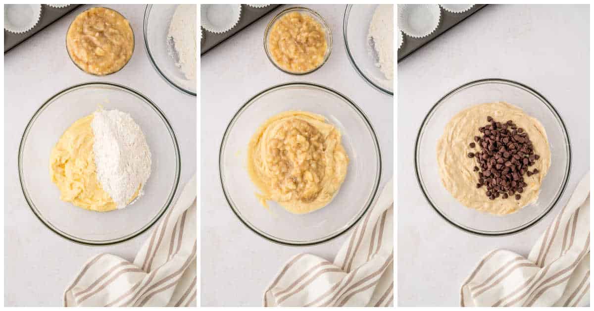 Collage of mixing ingredients in a bowl.