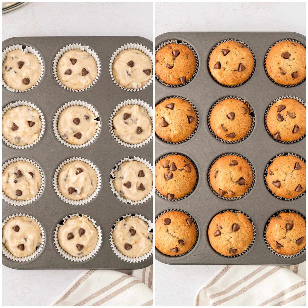 Steps to make banana chocolate chip muffins.