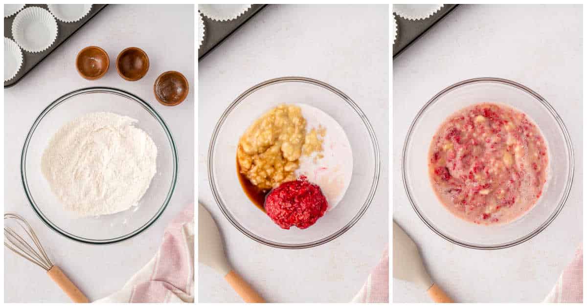 Steps to make banana raspberry muffins.