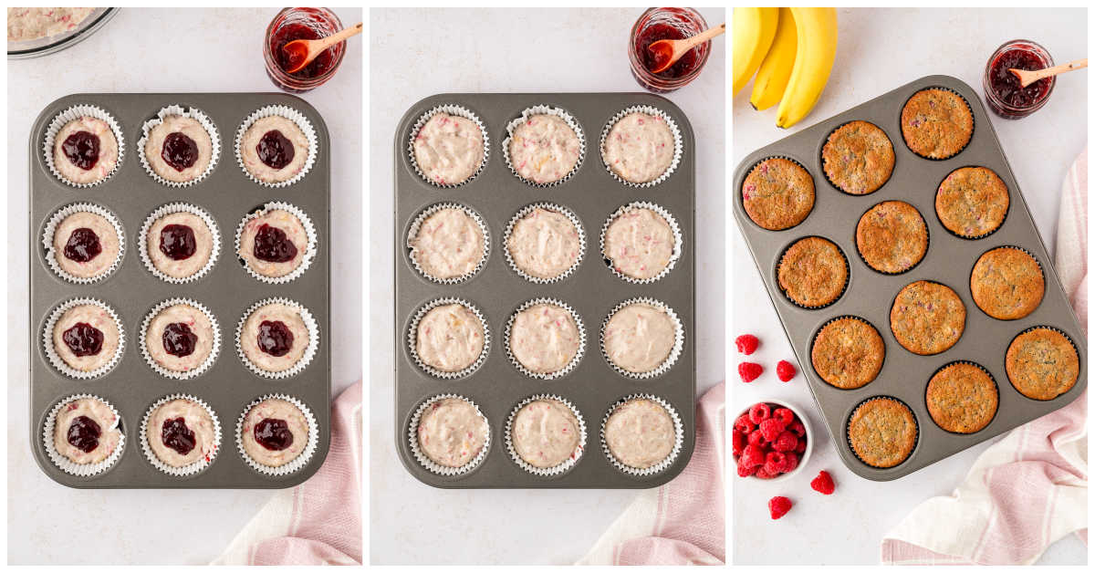 Steps to make banana raspberry muffins.