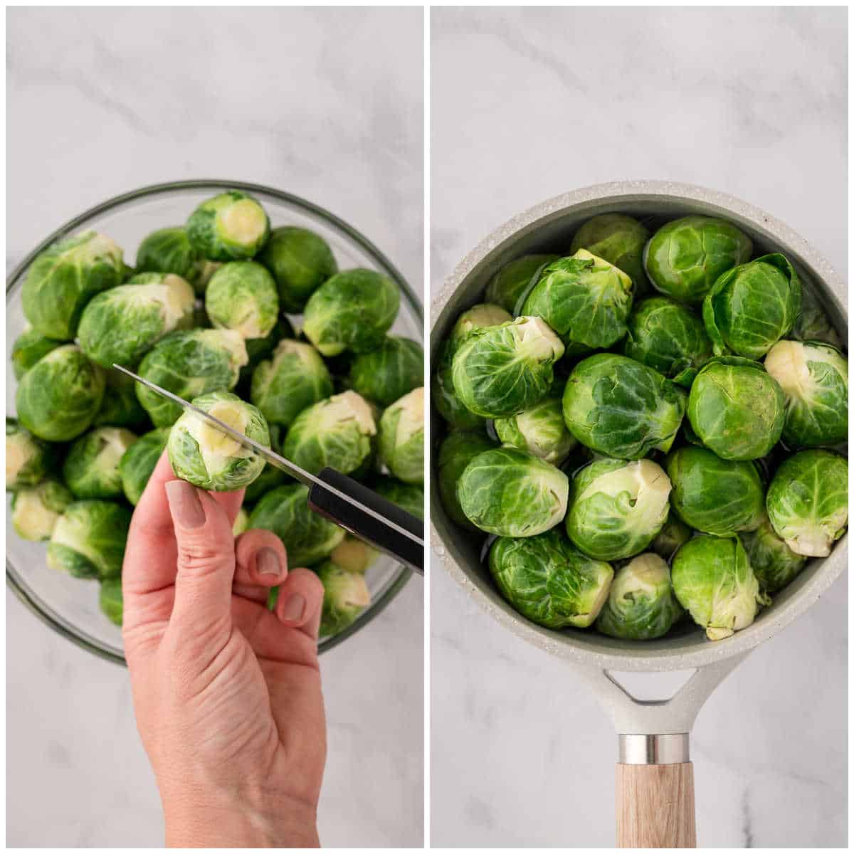 Steps to make cheesy brussel sprouts.