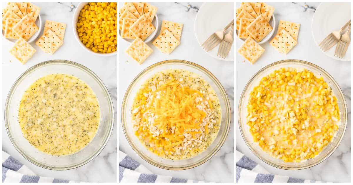 Collage of mixing the ingredients in a bowl.