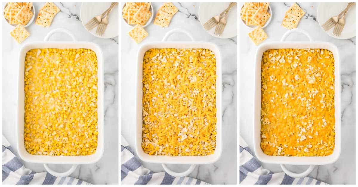 Collage of adding the mixture to a casserole pan and baking it.