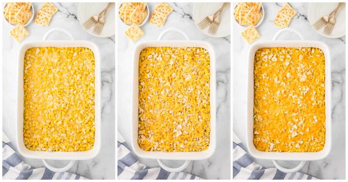 Steps to make cheesy corn casserole.