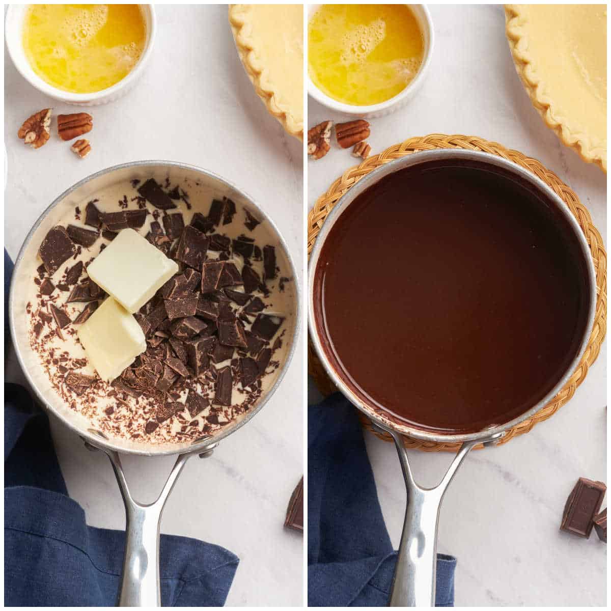 Collage of melting the chocolate in a pot.