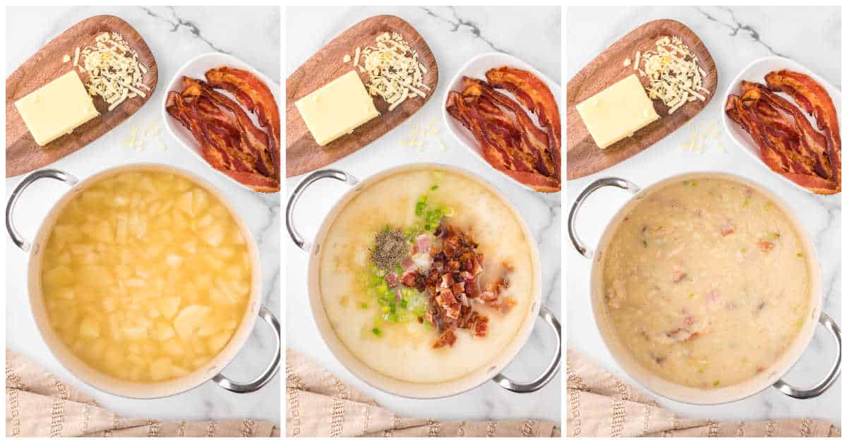 Collage of cooking the soup ingredients in a pot.