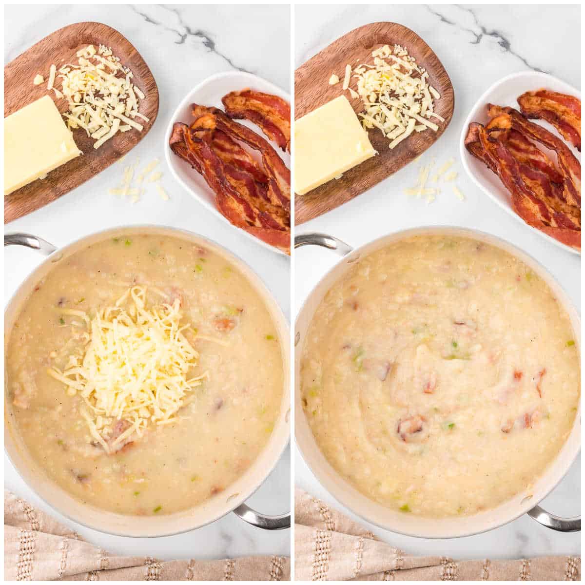Collage of adding cheese to the soup pot.