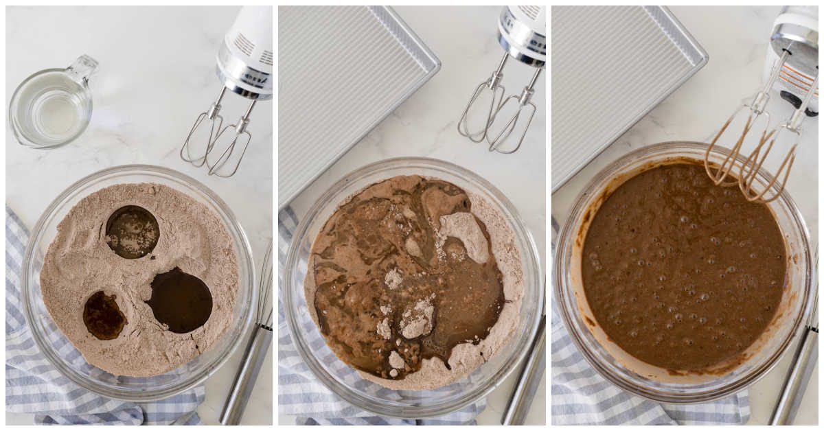 Wet ingredients being added to dry ingredient bowl.  