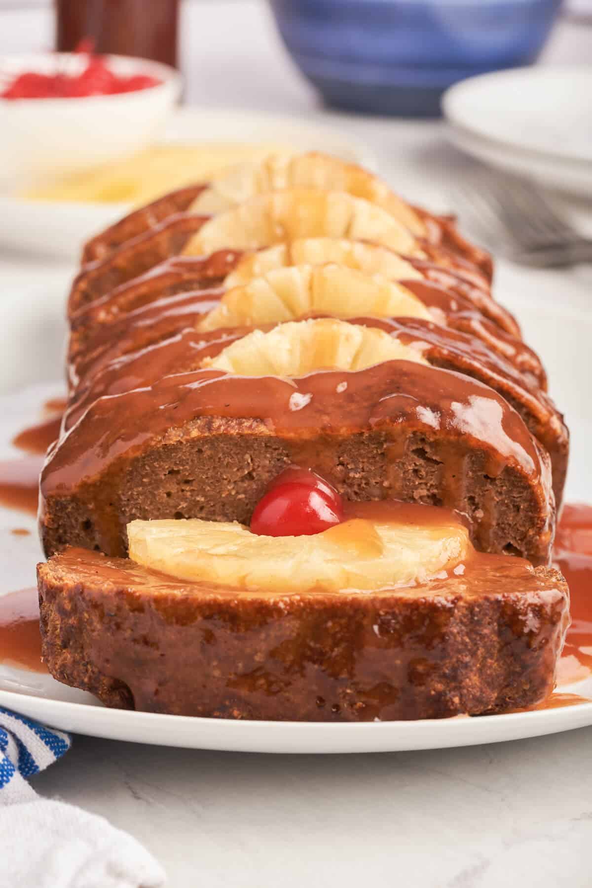 Caribbean meatloaf on a platter.