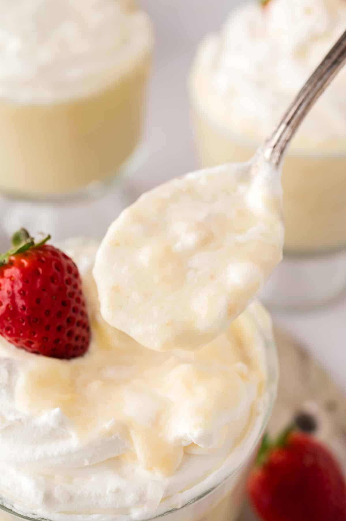 Cracker pudding on a spoon.