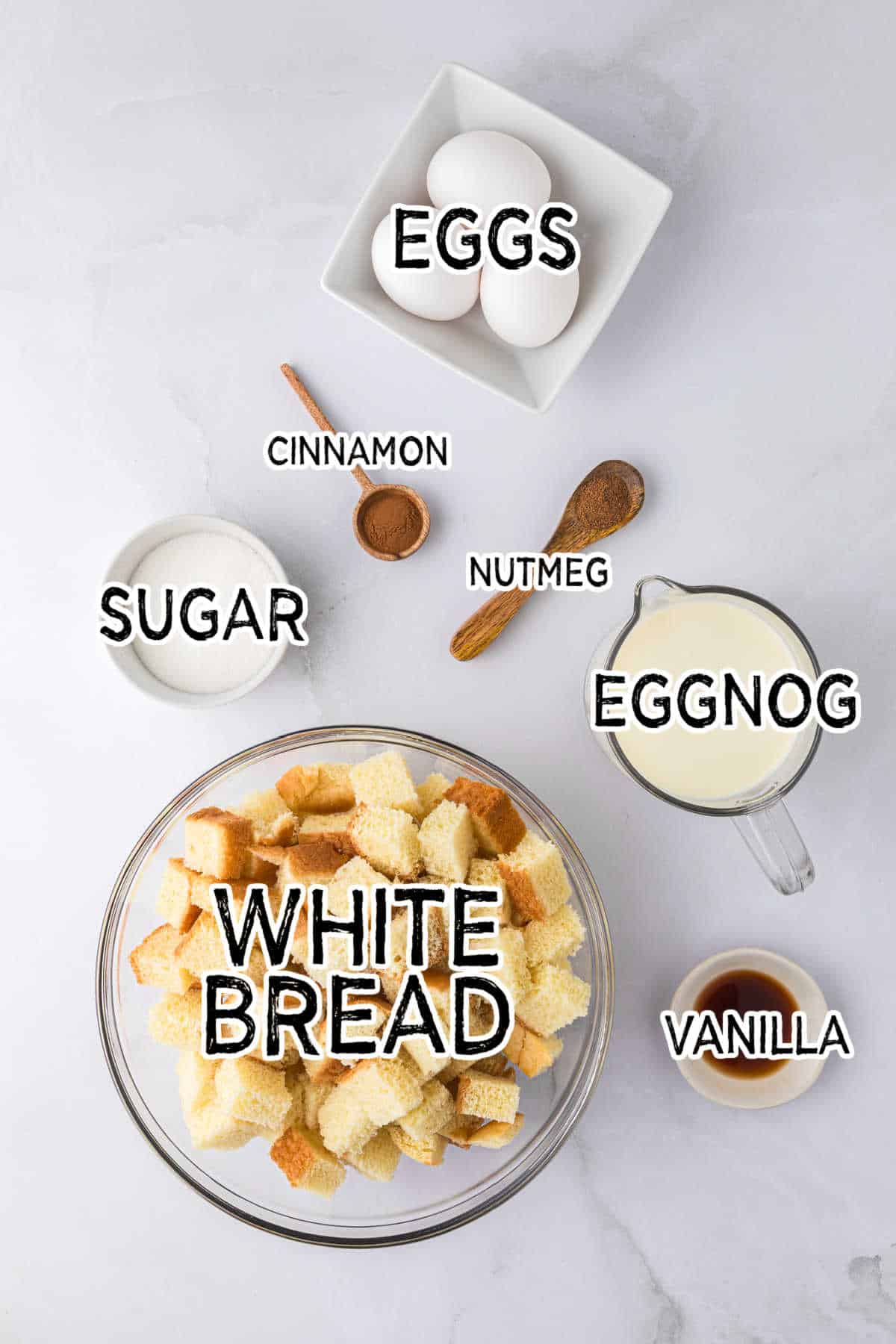 Eggnog bread pudding ingredients.