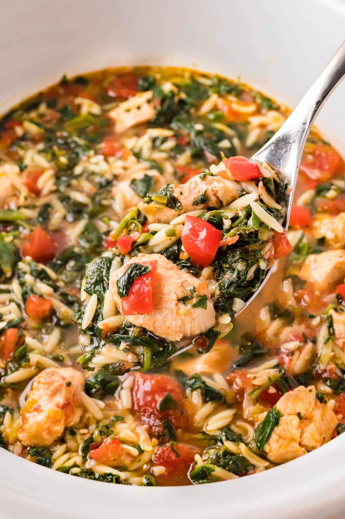 A serving spoon with Greek Chicken Orzo Soup.