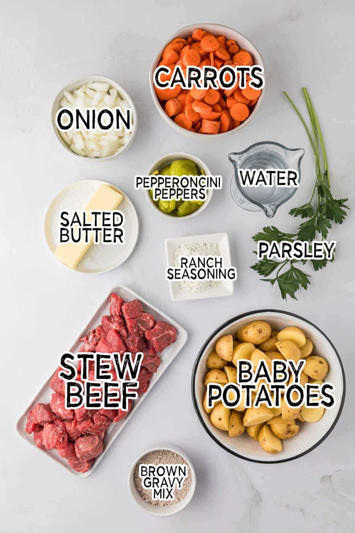 Slow cooker mississippi beef stew ingredients.