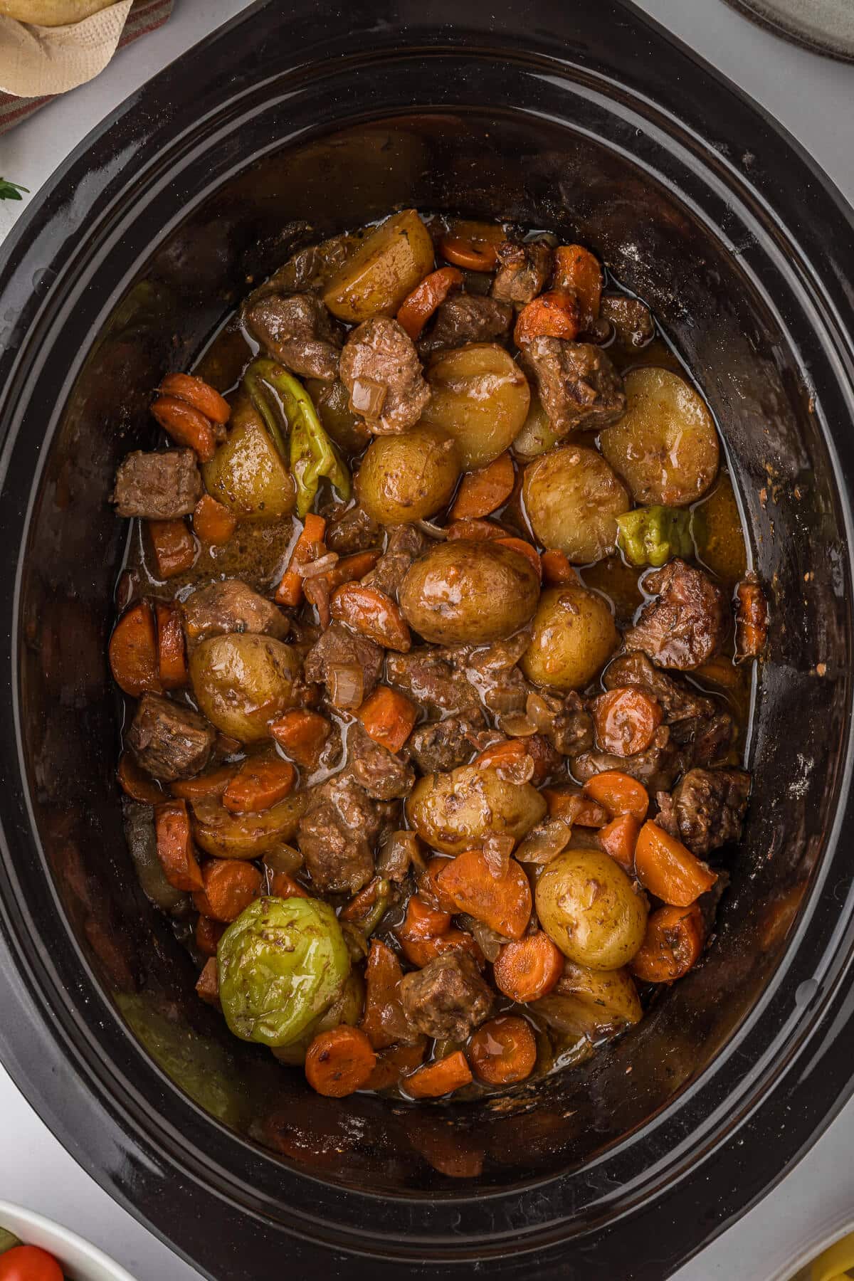 Mississippi Beef Stew in a slow cooker.