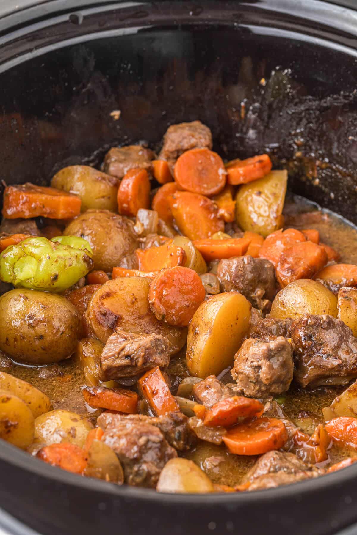 Mississippi beef stew in a crockpot.