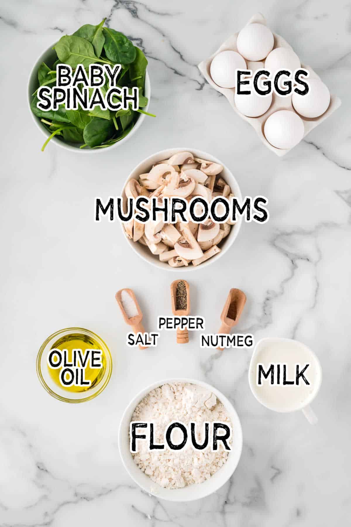 Ingredients on a white marble background.