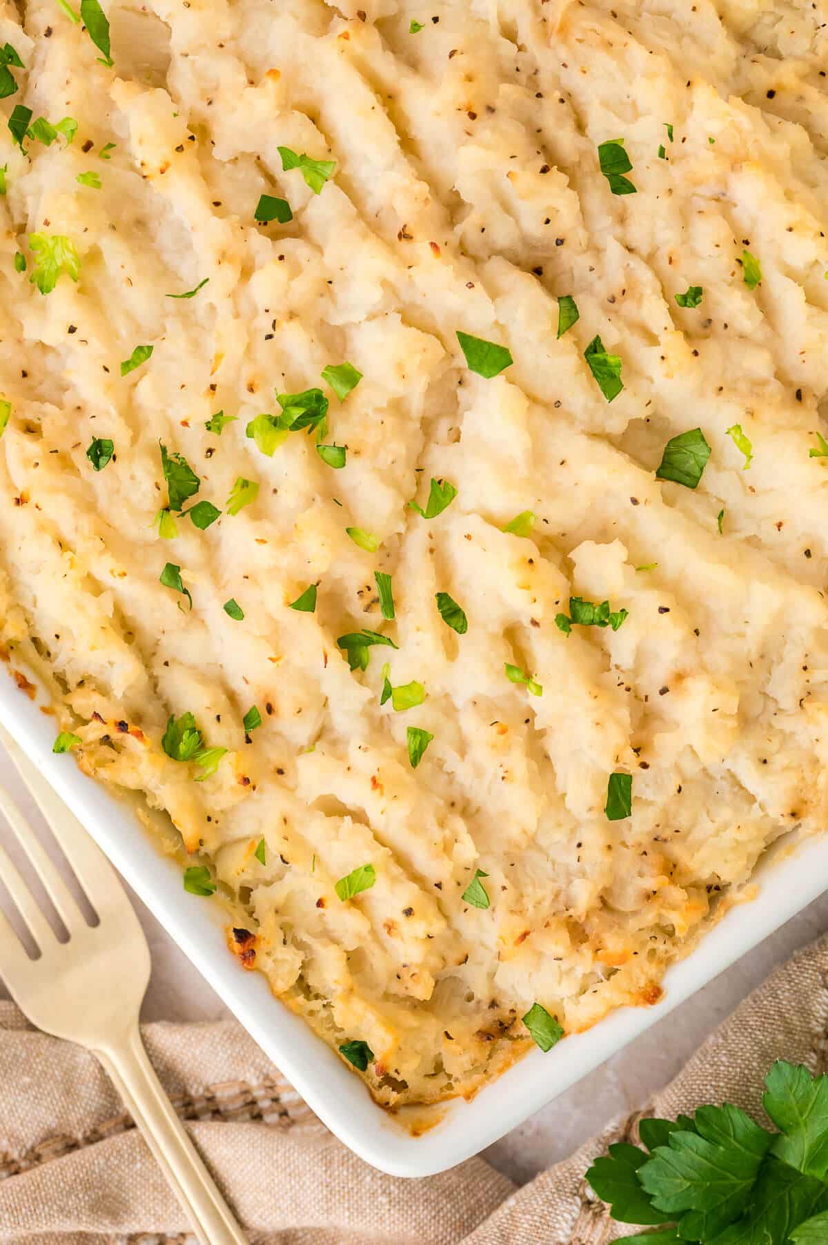 Turnip casserole in a white pan.