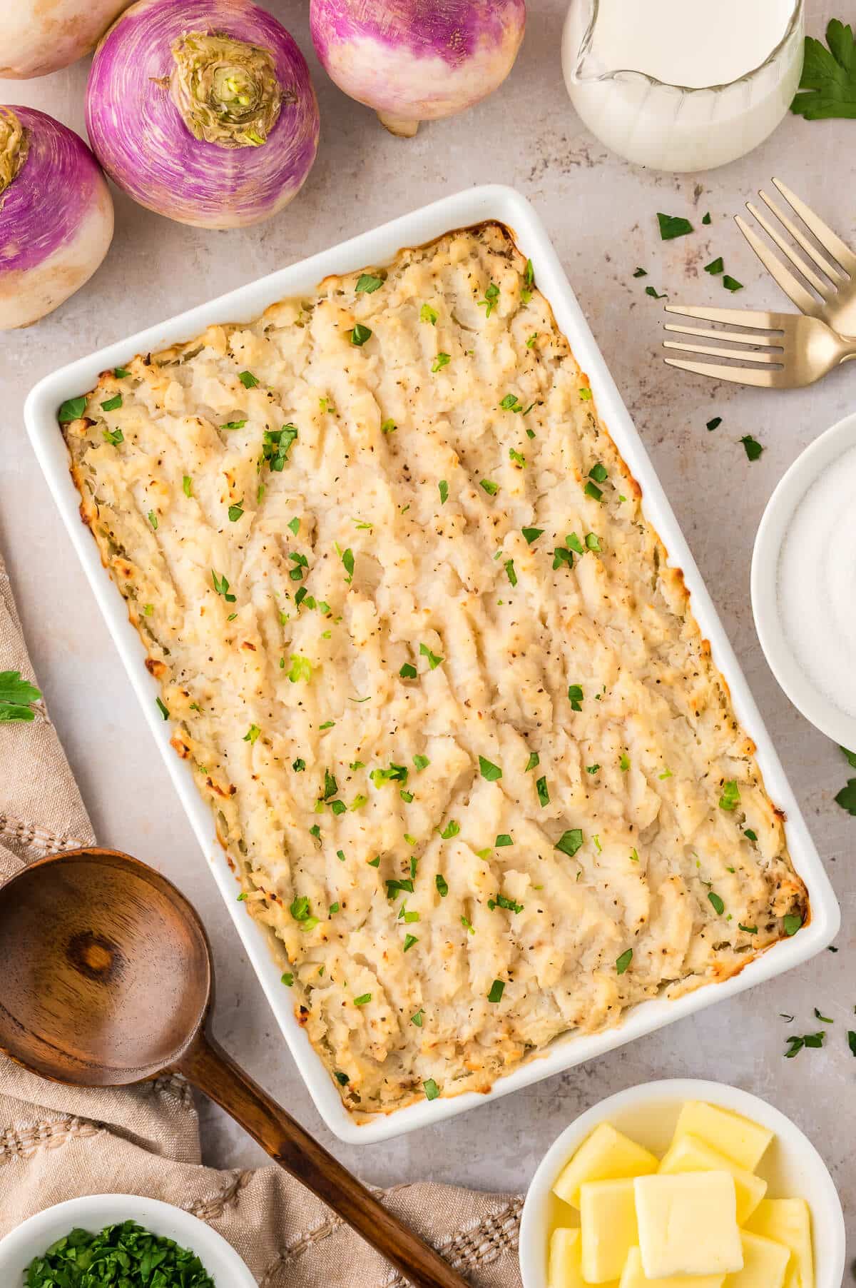 Turnip casserole in a white pan.