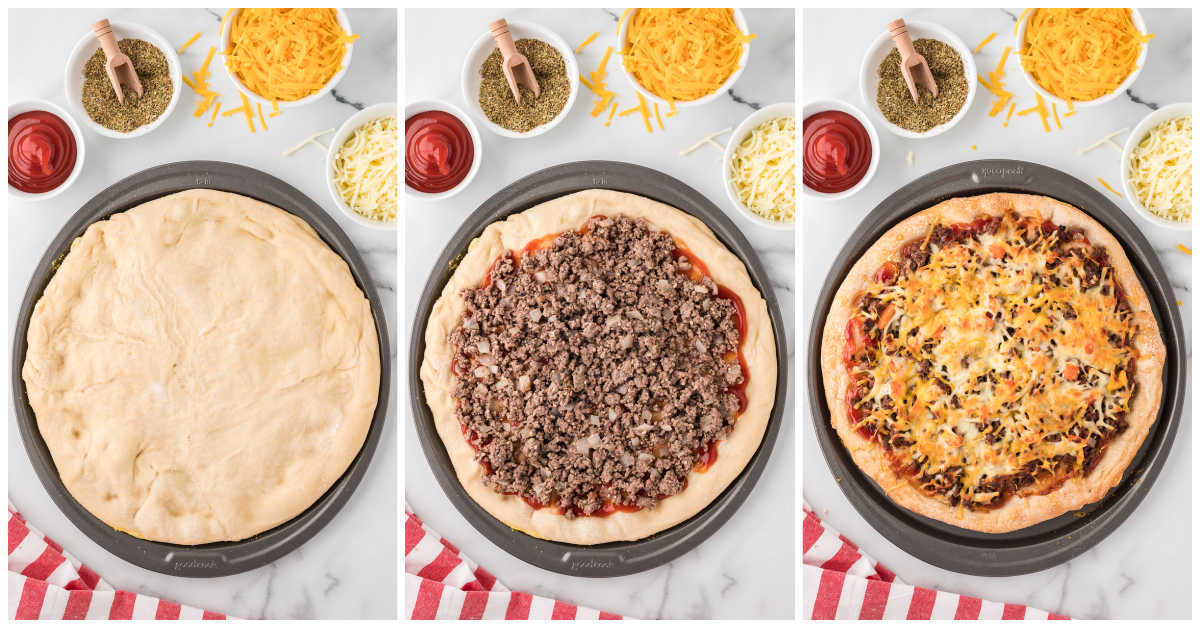 Steps to make cheeseburger pizza.