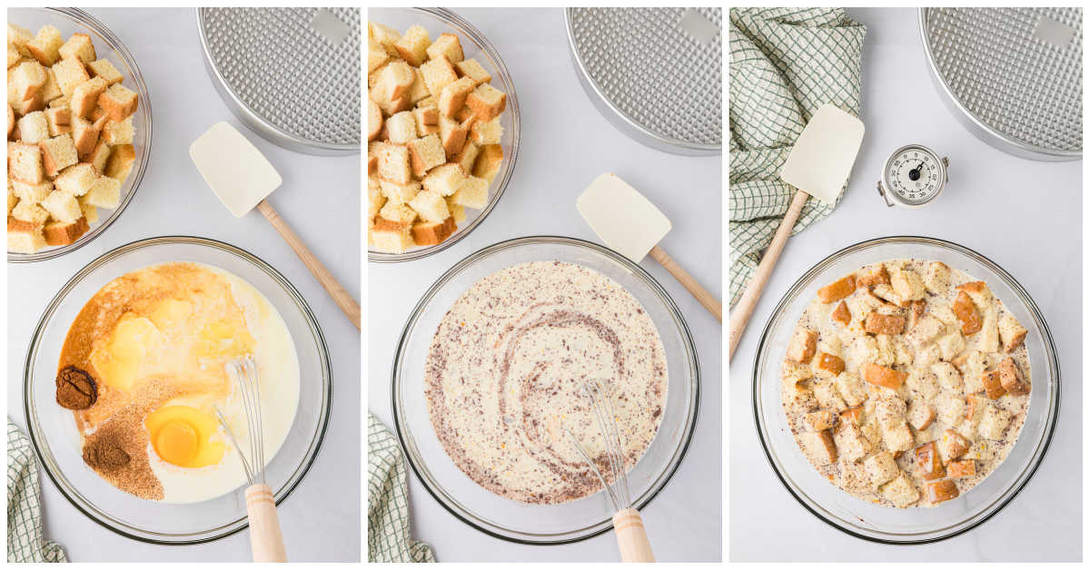 Steps to make eggnog bread pudding.