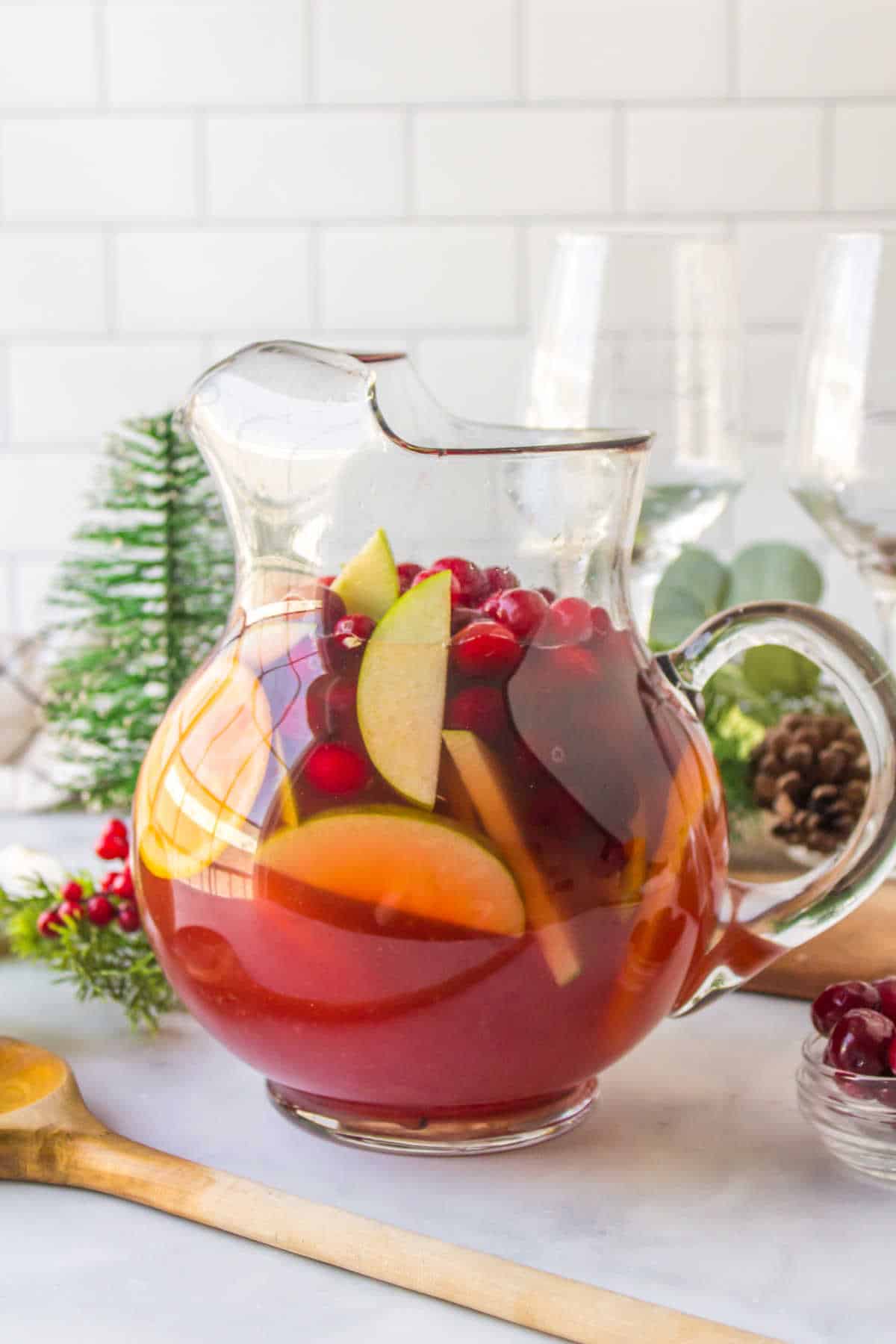 Holiday sangria in a pitcher.