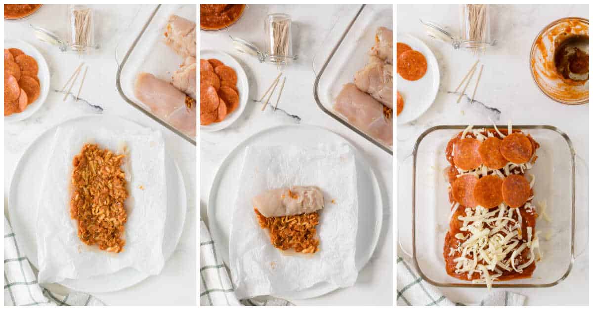 Steps to make pizza stuffed chicken.