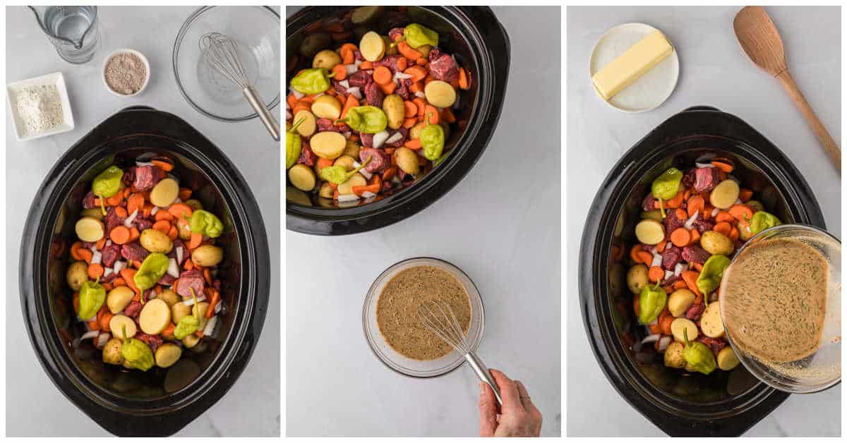 Steps to make crockpot Mississippi Beef Stew.