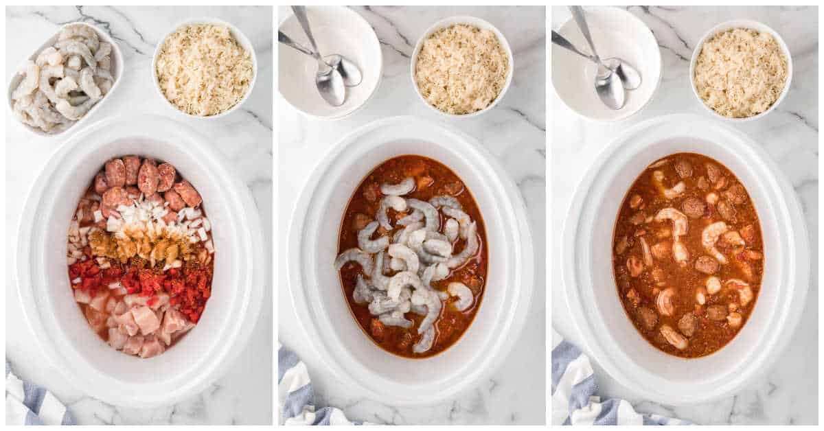 Collage of makingn the recipe in the slow cooker.