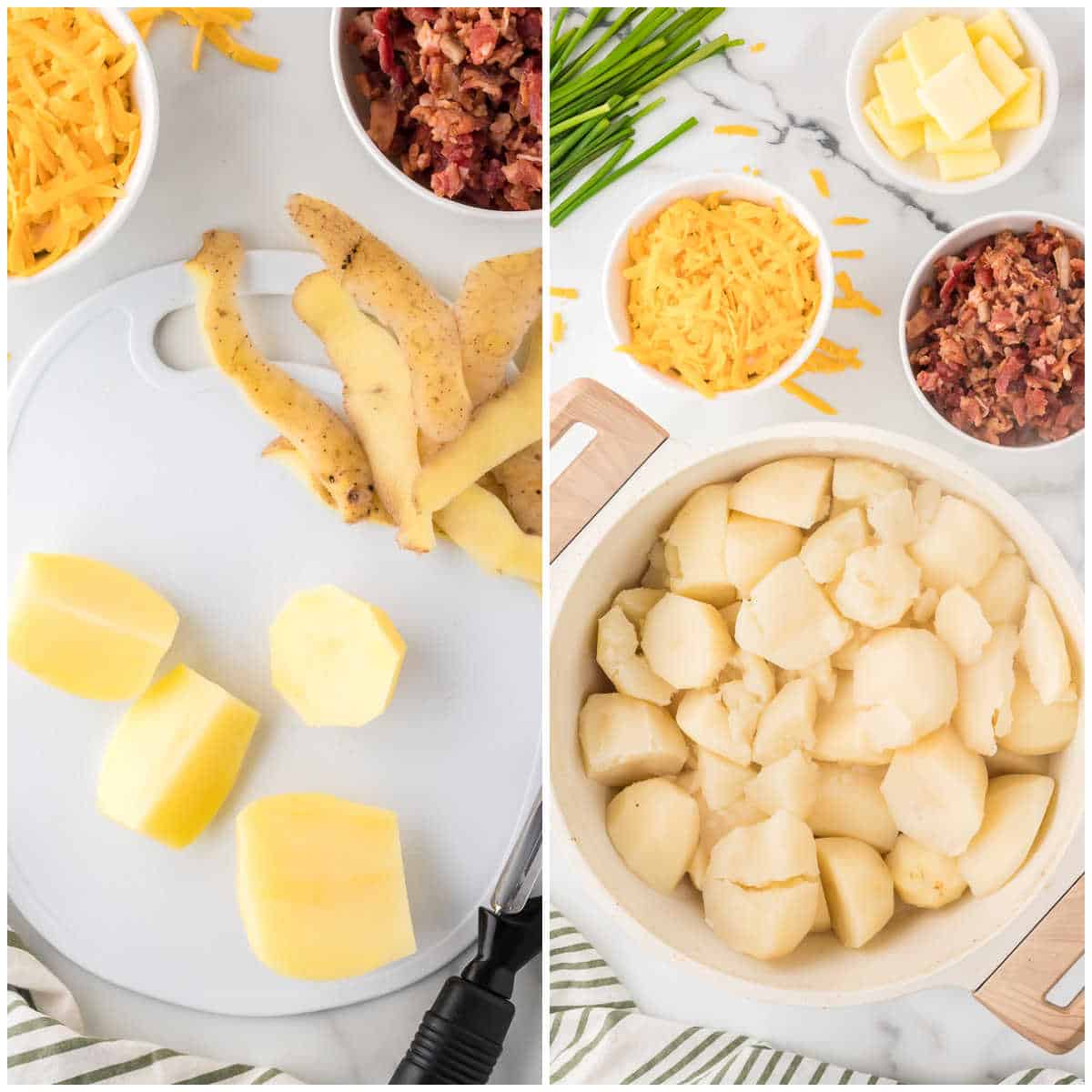 Collage of cooking the potatoes in a pot.