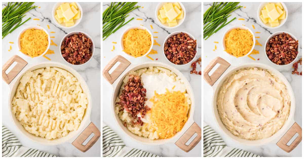 Collage of making mashed potatoes and mixing ingredients.