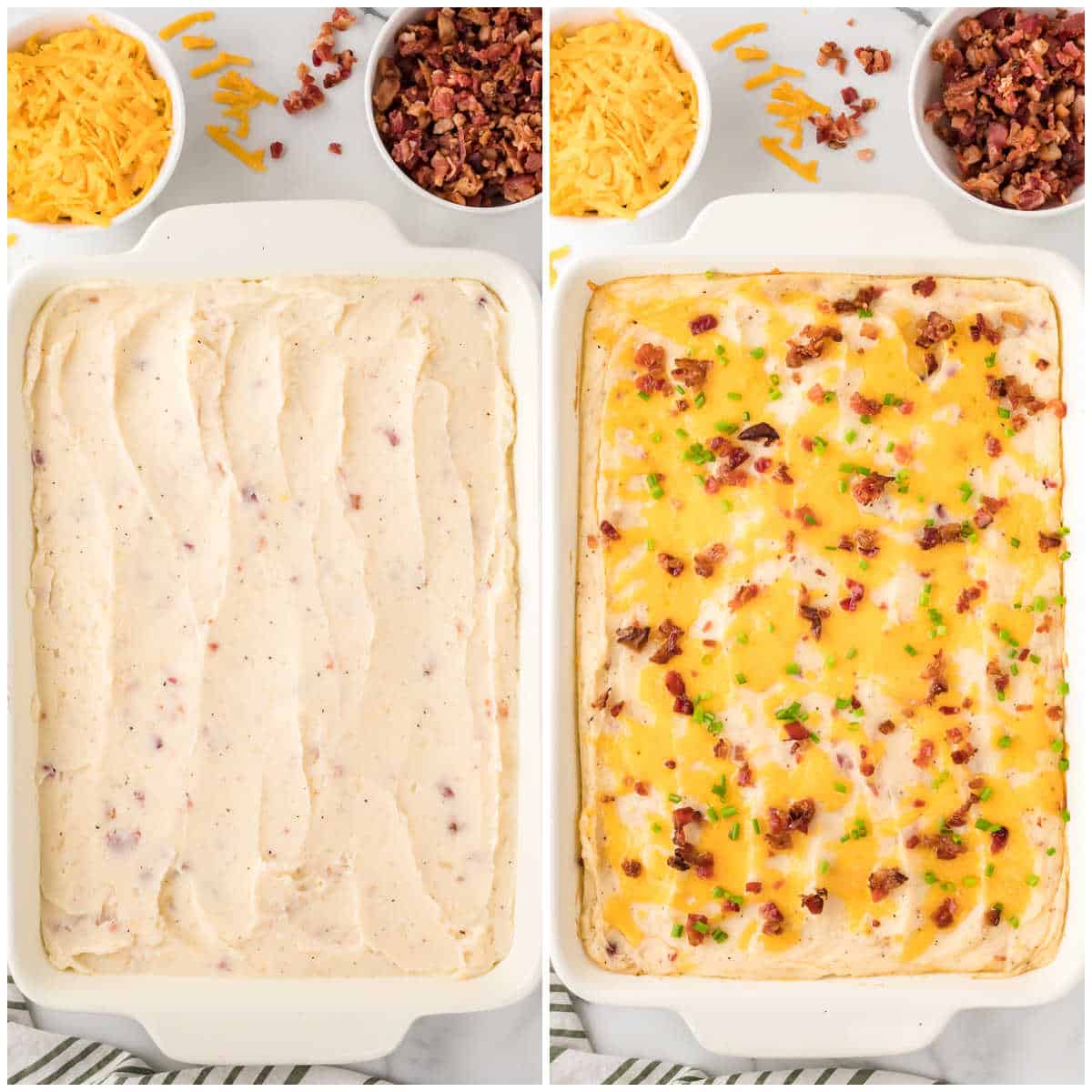 Collage of spreading into a casserole and baking.