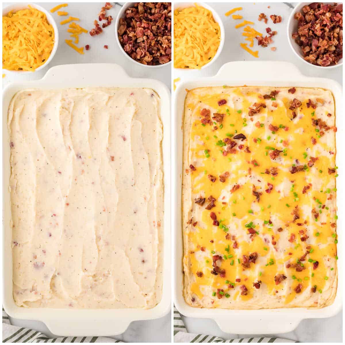 Steps to make twice baked potato casserole.