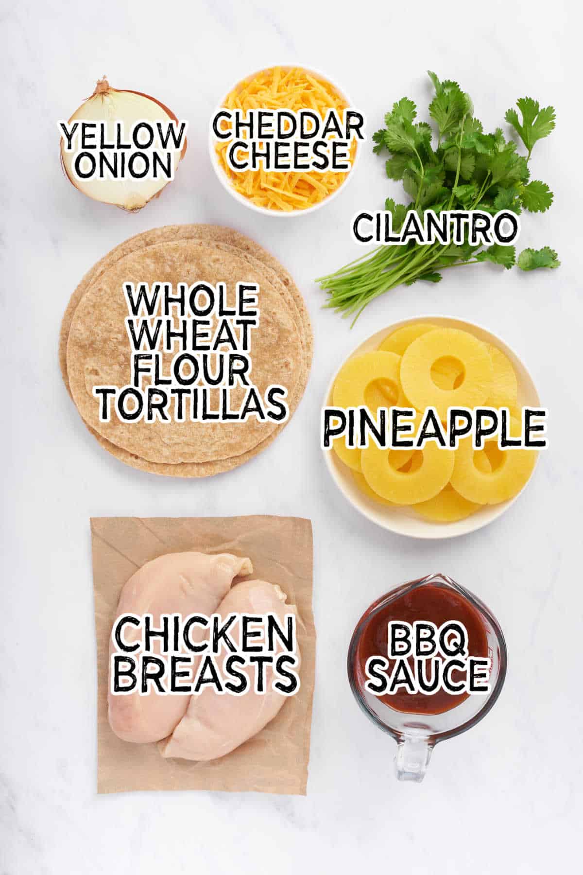 Ingredients to make BBQ Chicken and Pineapple Quesadillas.