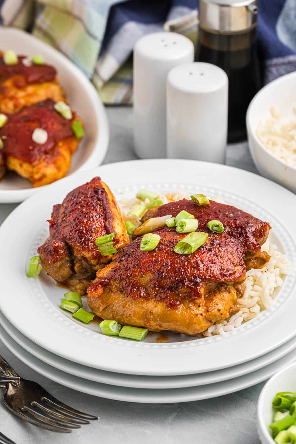 Sweet and sour chicken on a bed of rice.