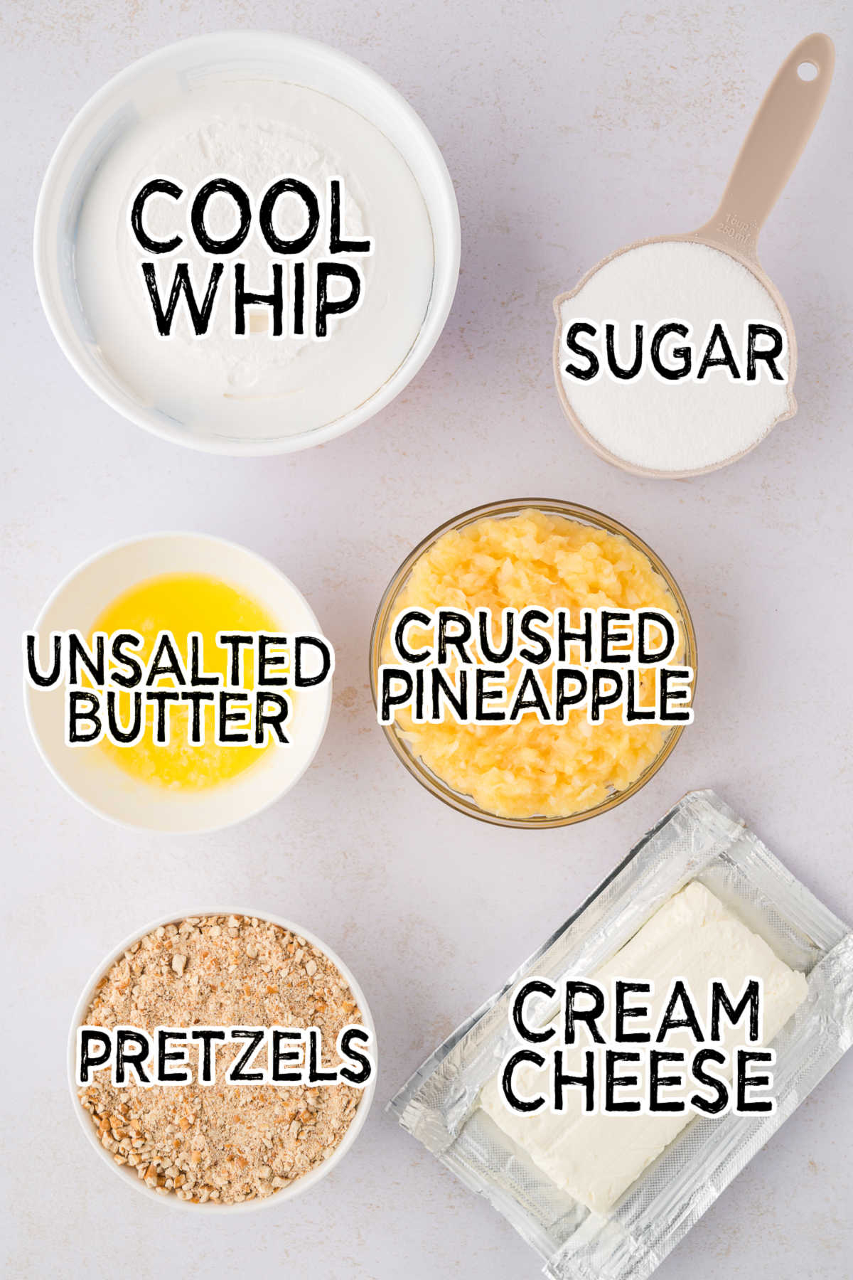 Steps to make pineapple pretzel fluff.