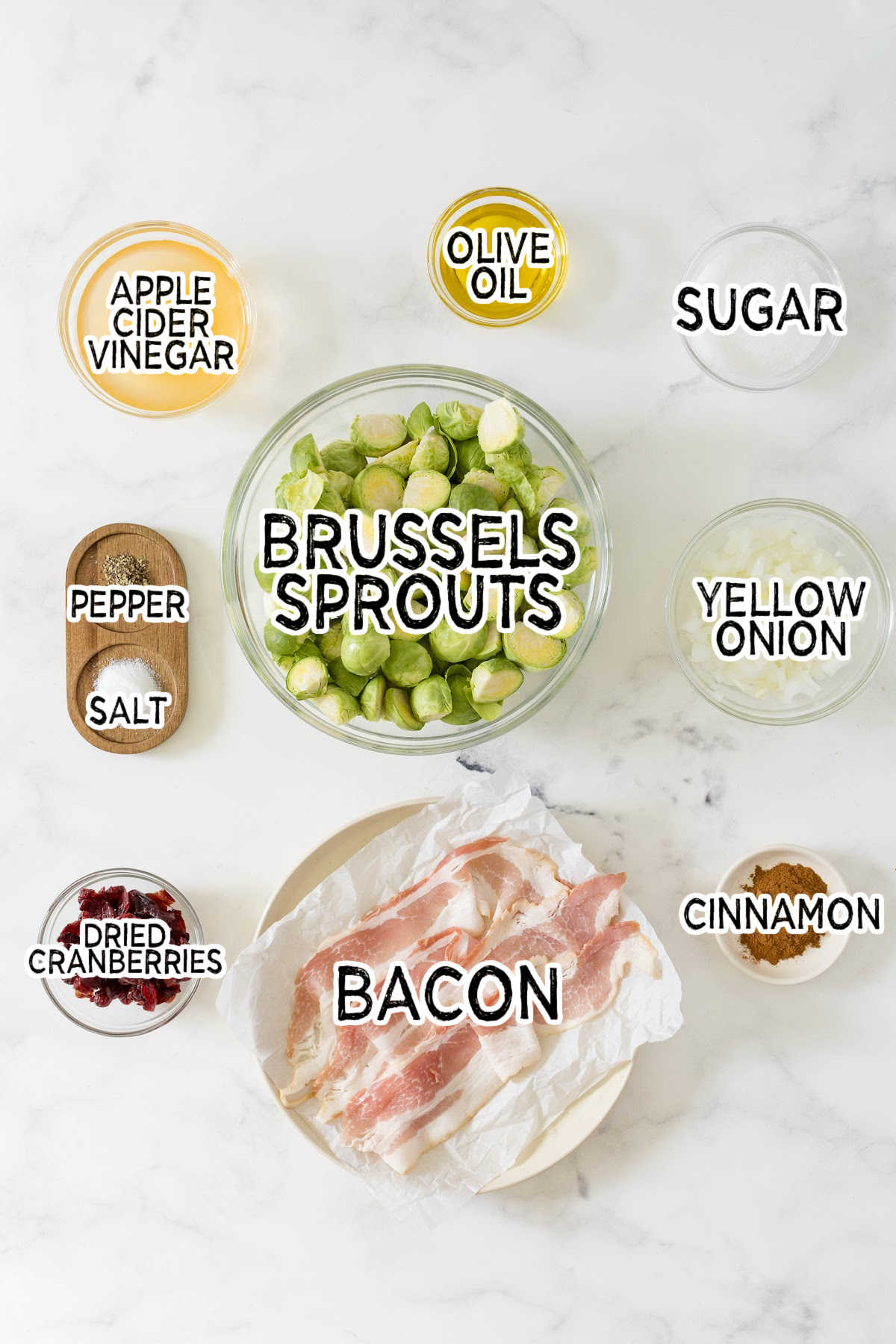 Ingredients to make roasted brussel sprouts with cranberries and bacon.