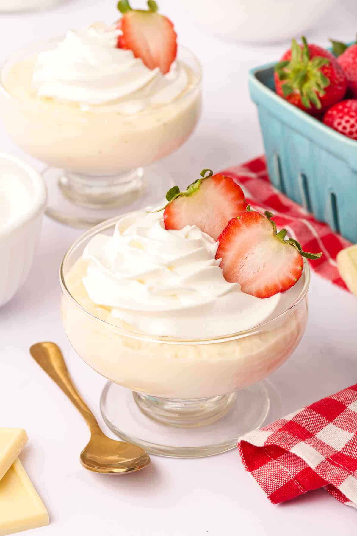 White chocolate pudding in a parfait dish.