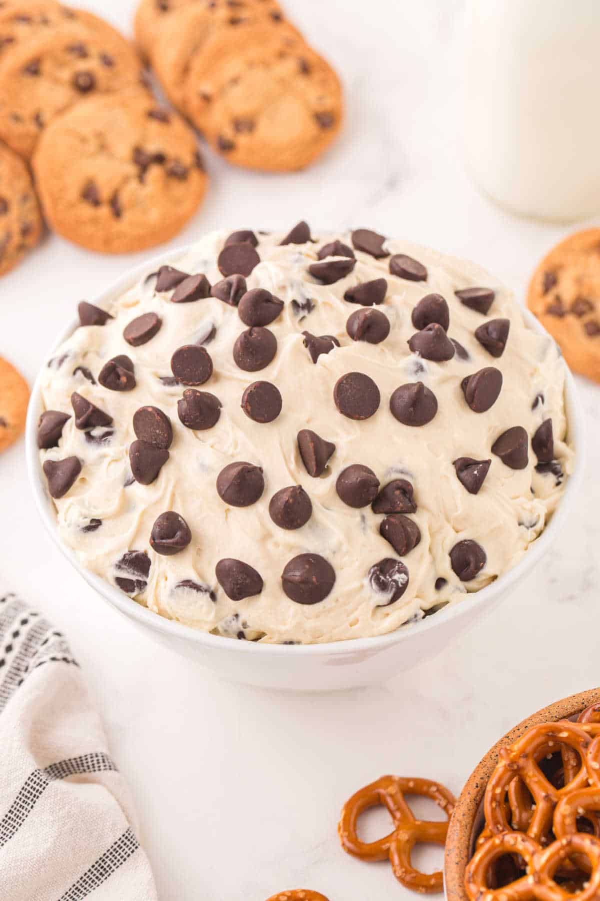 Cookie dough dip in a bowl.