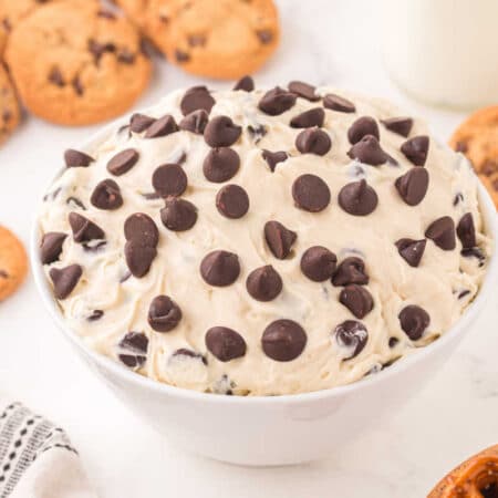 Cookie dough dip in a bowl.