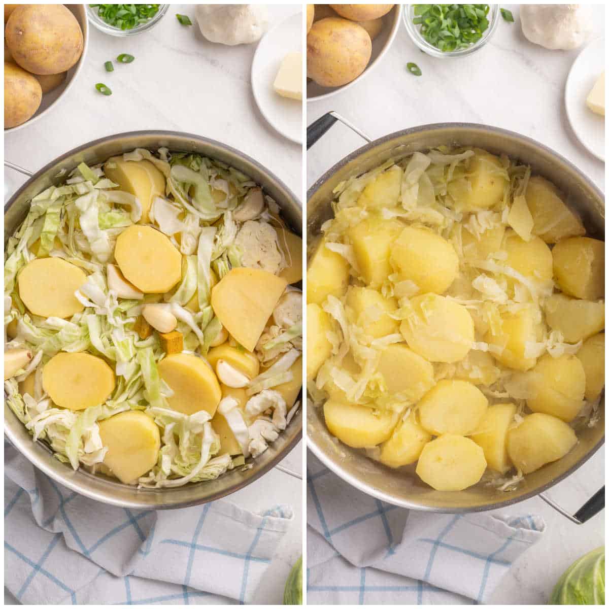 Collage of a pot boiling the potatoes and cabbage.