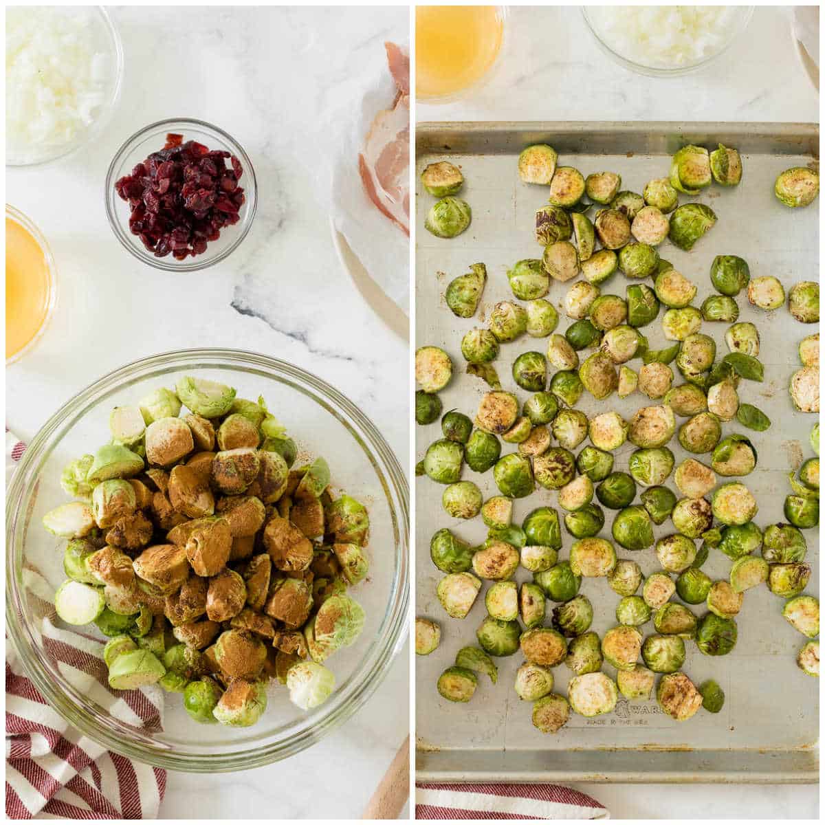 Steps to make roasted brussel sprouts with cranberries and bacon.