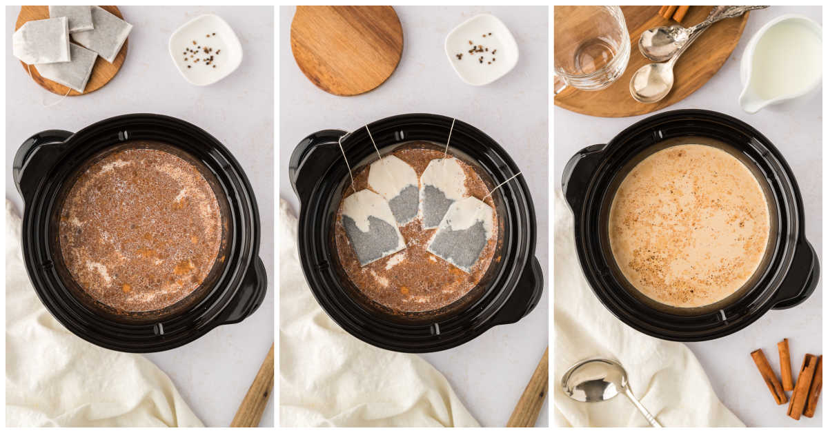 Collage of making the recipe in a black slow cooker.