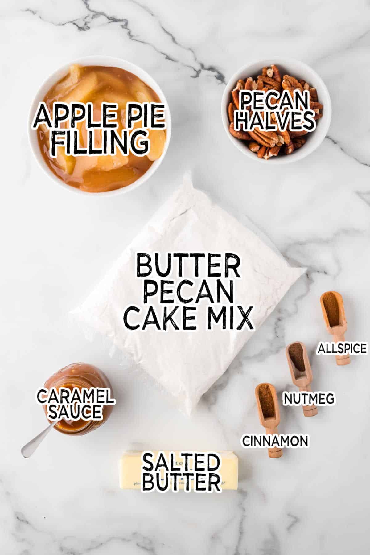 Ingredients on a white marble background.