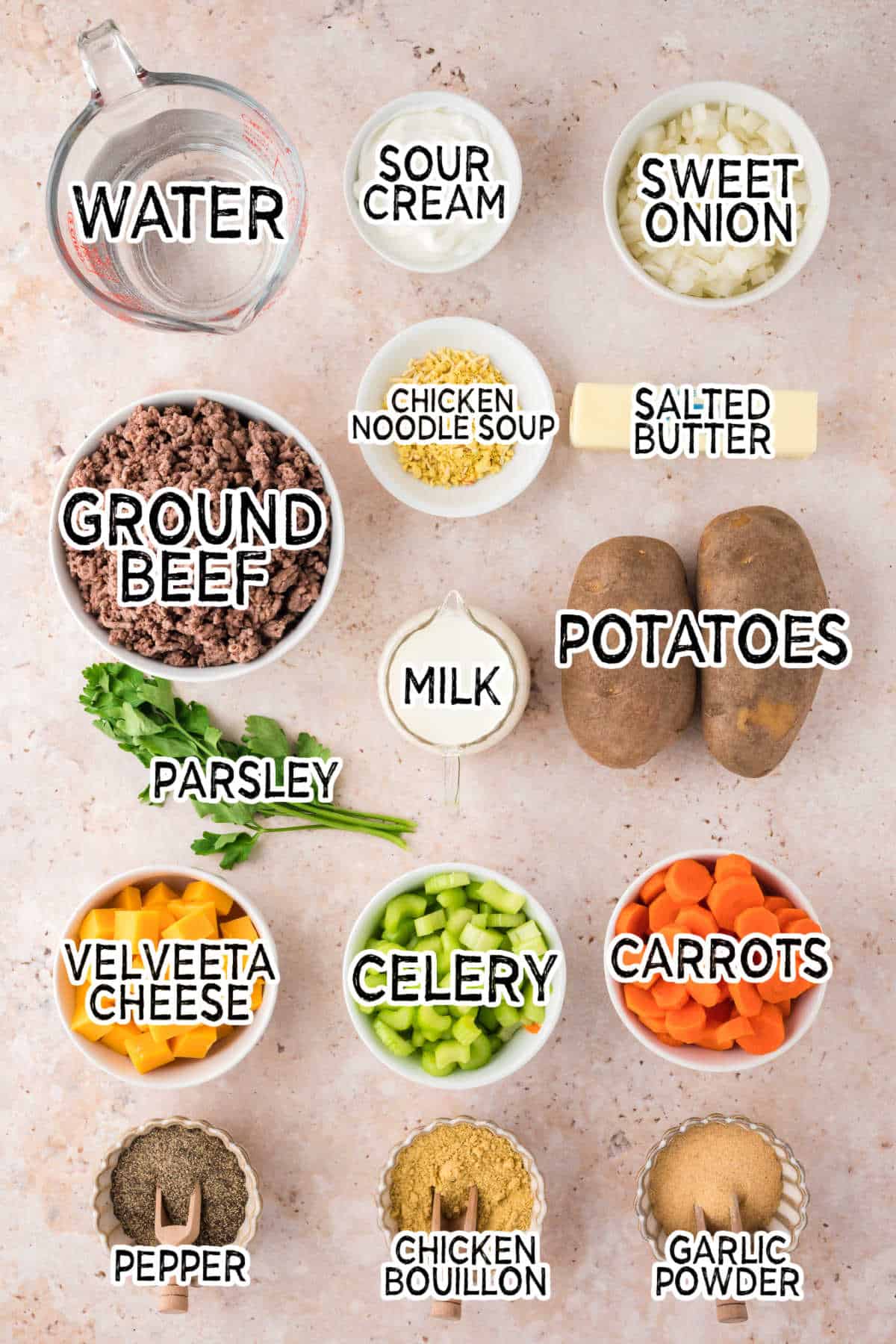 Ingredients on a beige surface.