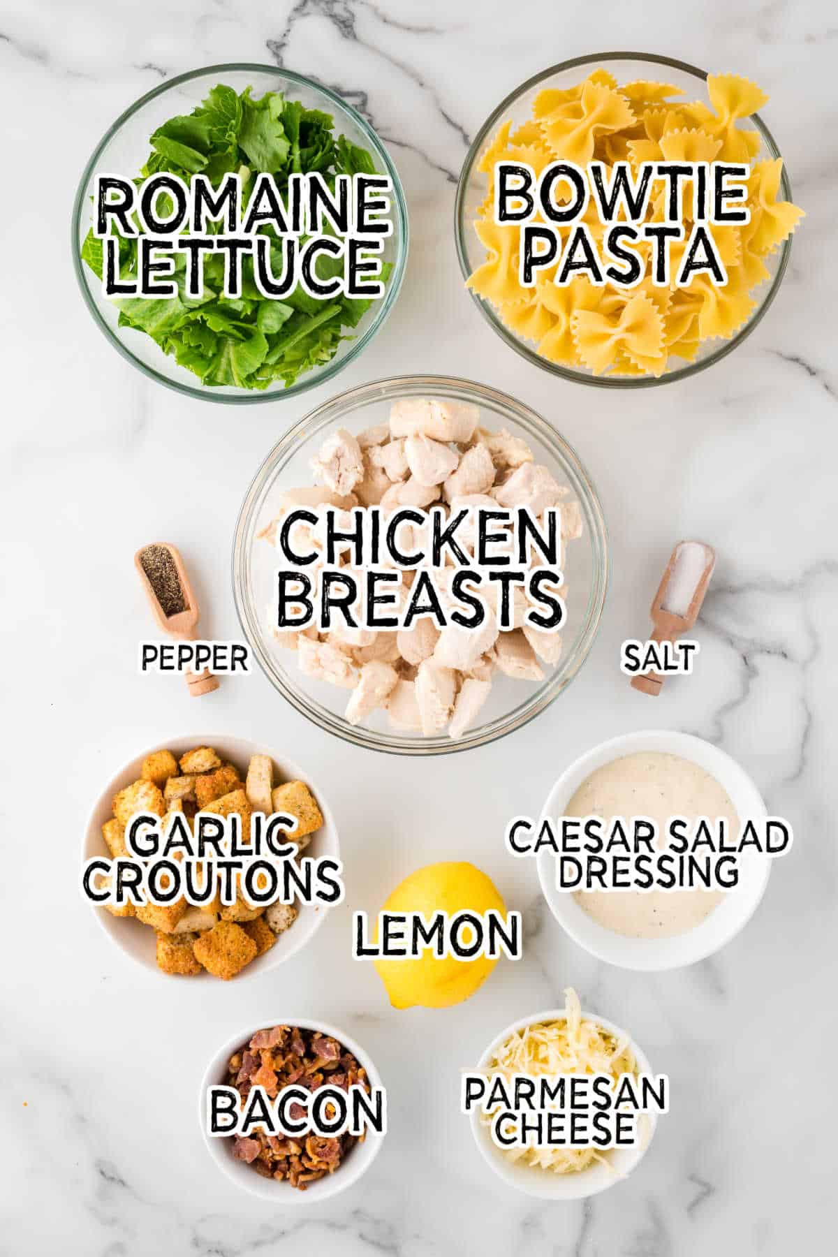 Ingredients to make chicken casear pasta salad.