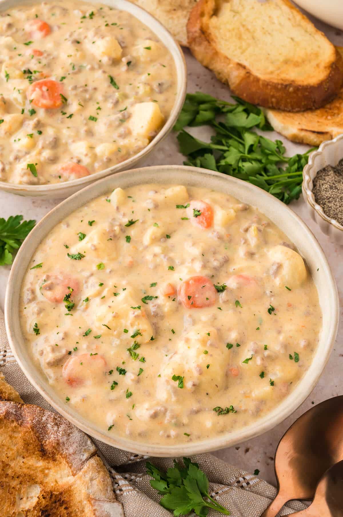 A bowl of cheeseburger chowder.